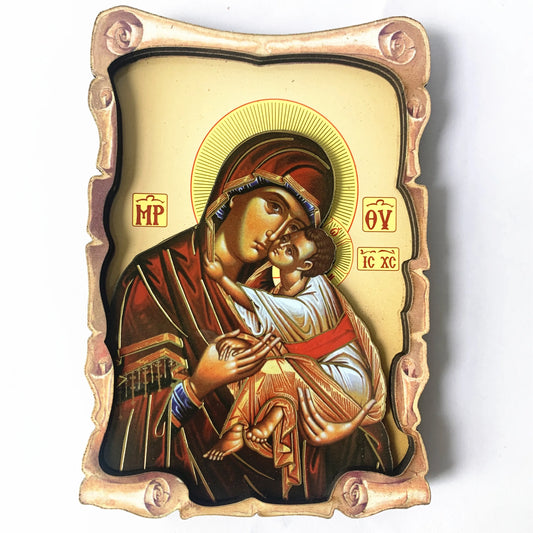 Petite icône en bois en relief de la Mère de Dieu et l’enfant Jésus