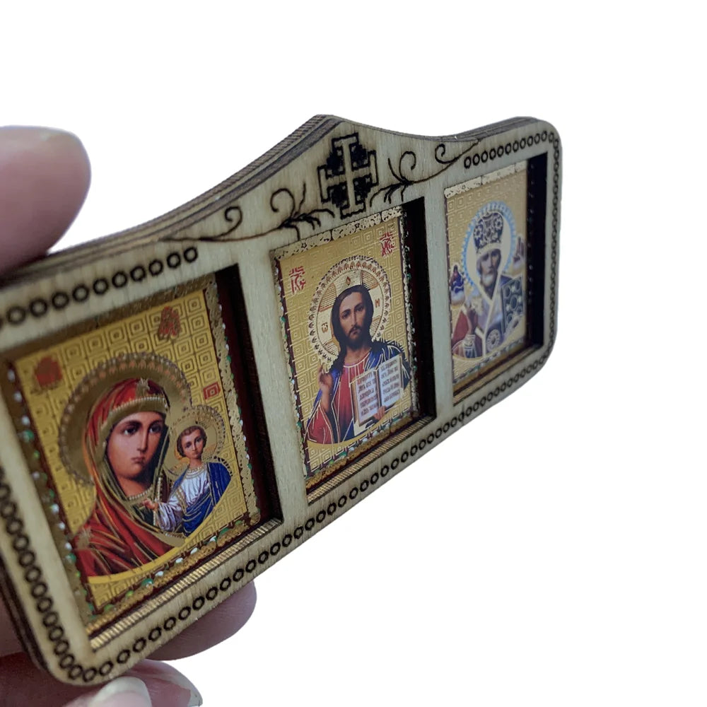 Triptyque de style russe Mère De Dieu / Christ Pantocrator / St Nicolas