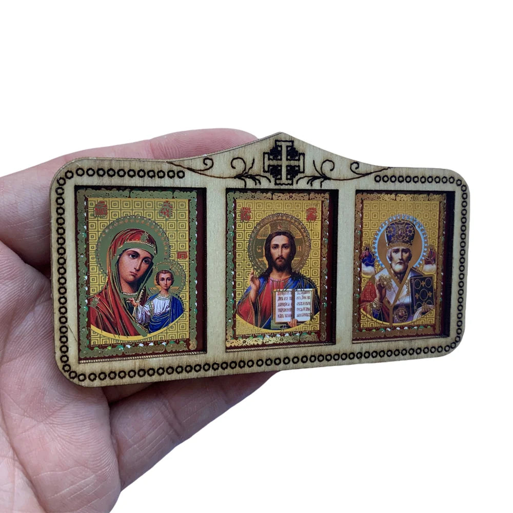 Triptyque de style russe Mère De Dieu / Christ Pantocrator / St Nicolas