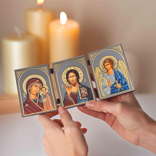 GM de Kazan & Jésus-Christ & Saint Nicolas - Triptyque icône - 8,5 x 13 cm