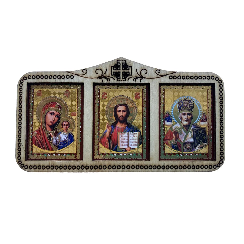 Triptyque de style russe Mère De Dieu / Christ Pantocrator / St Nicolas