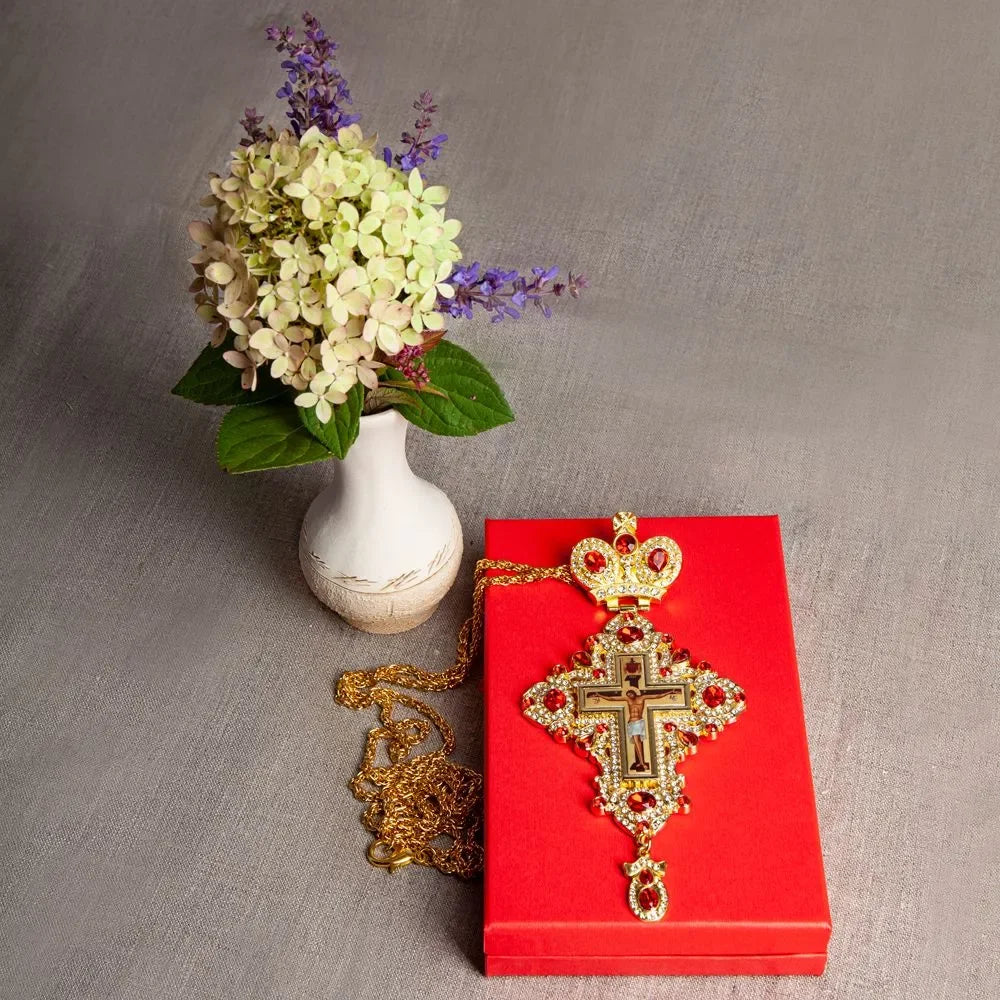 Grande croix orthodoxe pectorale Plaquée or avec Icône Jesus Alliage pour évêque/prêtre
