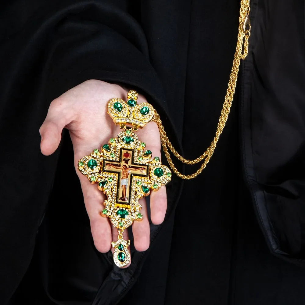 Grande croix orthodoxe pectorale Plaquée or avec Icône Jesus Alliage pour évêque/prêtre