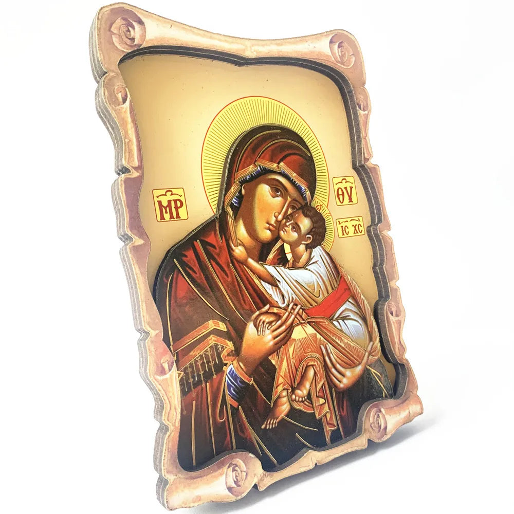 Petite icône en bois en relief de la Mère de Dieu et l’enfant Jésus