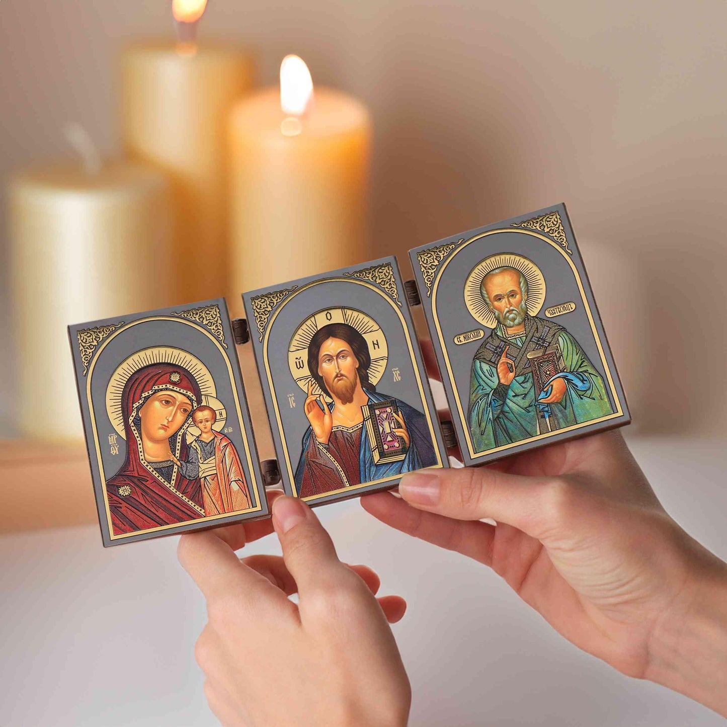 GM de Kazan & Jésus-Christ & Saint Nicolas - Triptyque icône - 8,5 x 13 cm