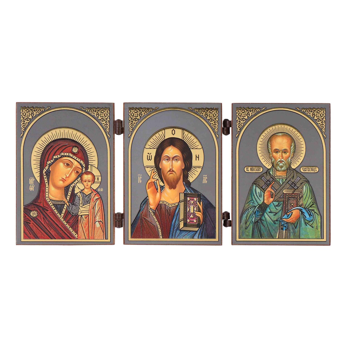 GM de Kazan & Jésus-Christ & Saint Nicolas - Triptyque icône - 8,5 x 13 cm