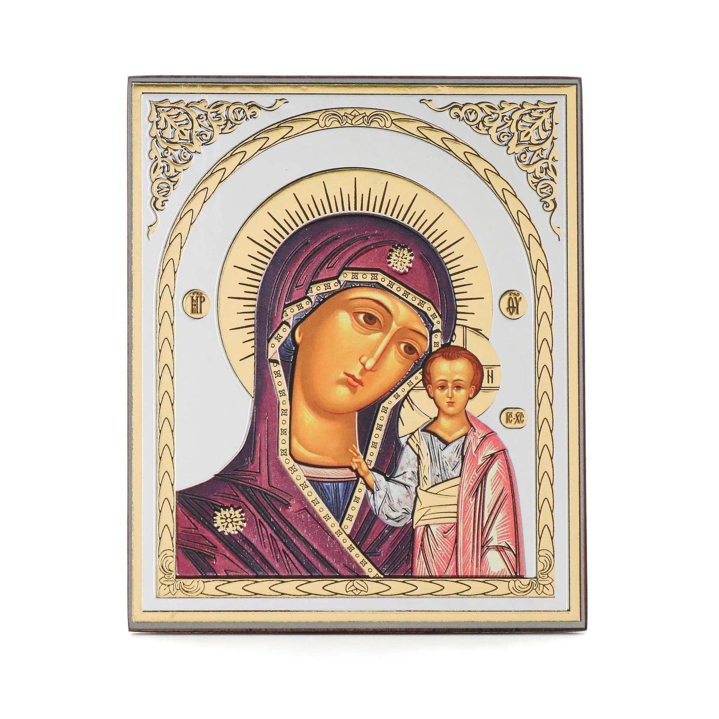 Saint Spiridon/ Christ Pantocrator/ Mère de Dieu Kazan/ icône en bois 10x12cm