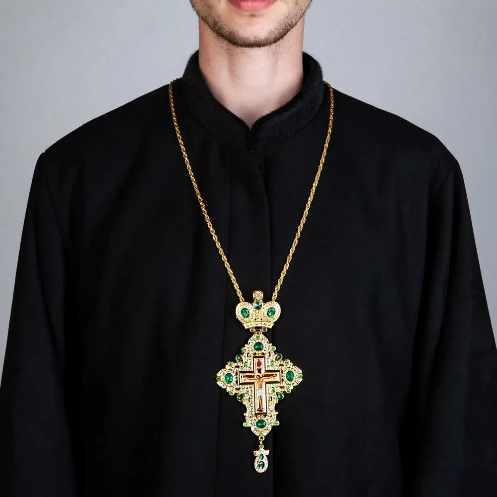 Grande croix orthodoxe pectorale Plaquée or avec Icône Jesus Alliage pour évêque/prêtre